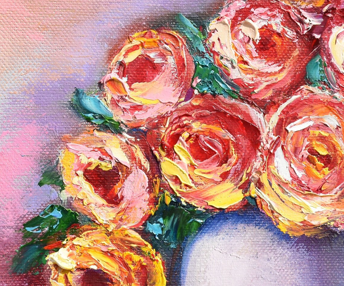 Pink Yellow Roses Pale Vase Cherries Impasto Mini Oil Painting Poster - Image 5