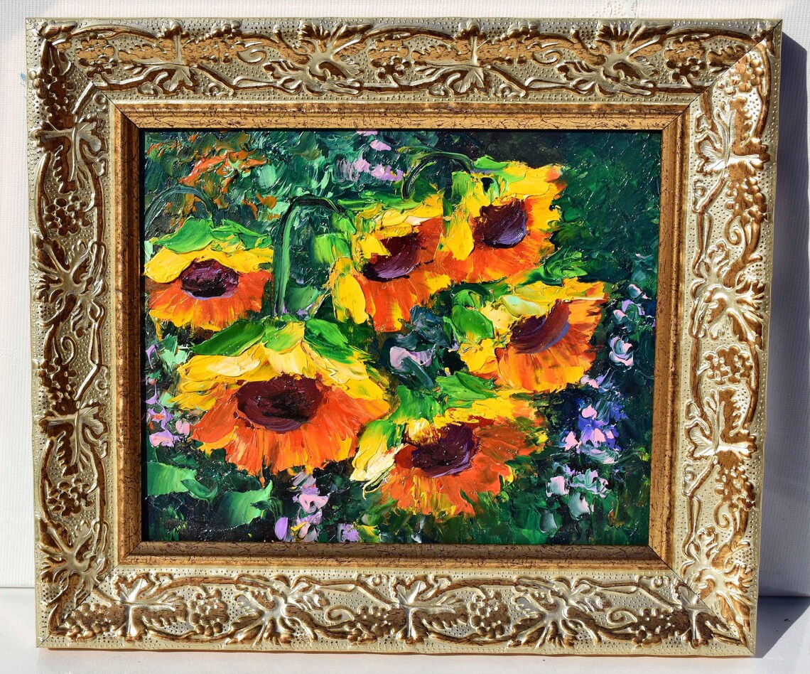 Sunflower Bouquet in Dark Green Garden Framed Style Oil Painting Print