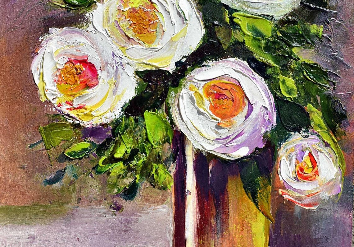 Roses Painting Floral Pink Rose Art Abstract Painting Rose Blossoms Fine Art Floral Original Art Impasto Oil Painting Rose Wall Art Still - Image 5
