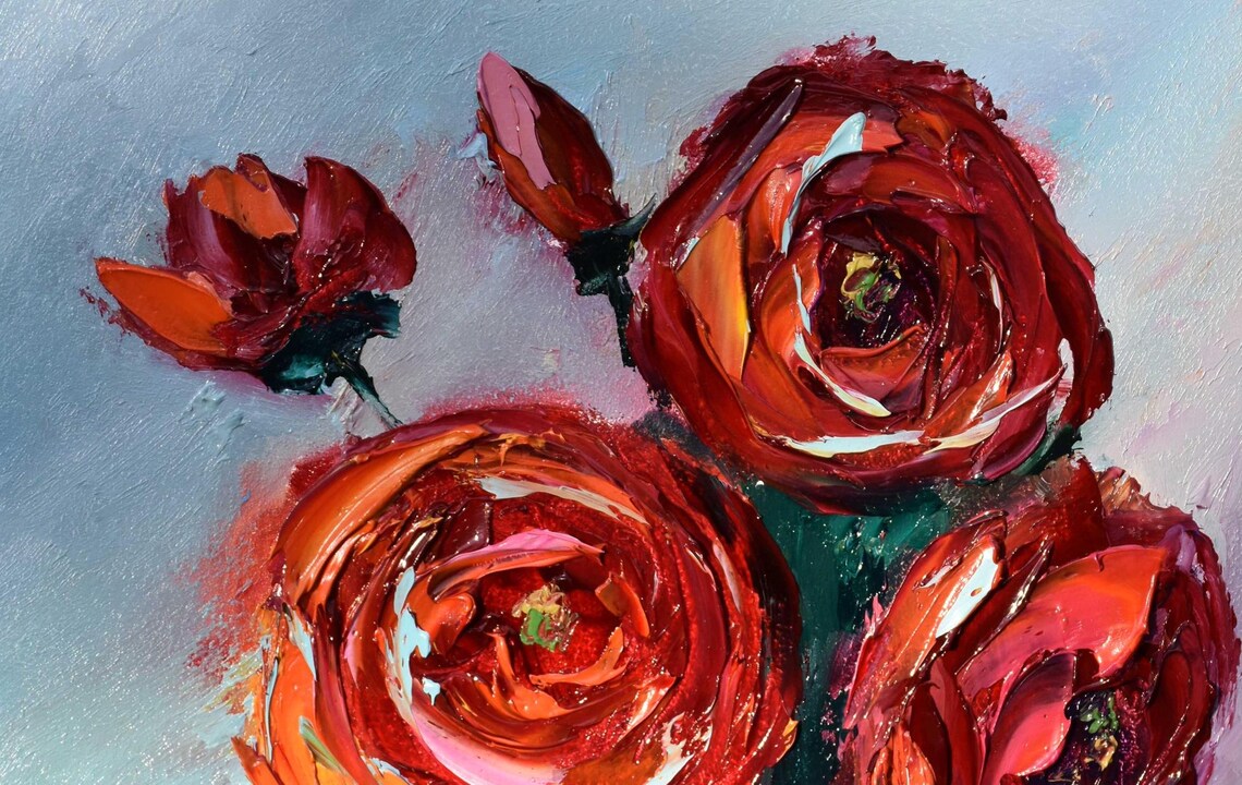 Scarlet Ranunculus Roses Teal Vase Apple Impasto Still Life Poster - Image 3