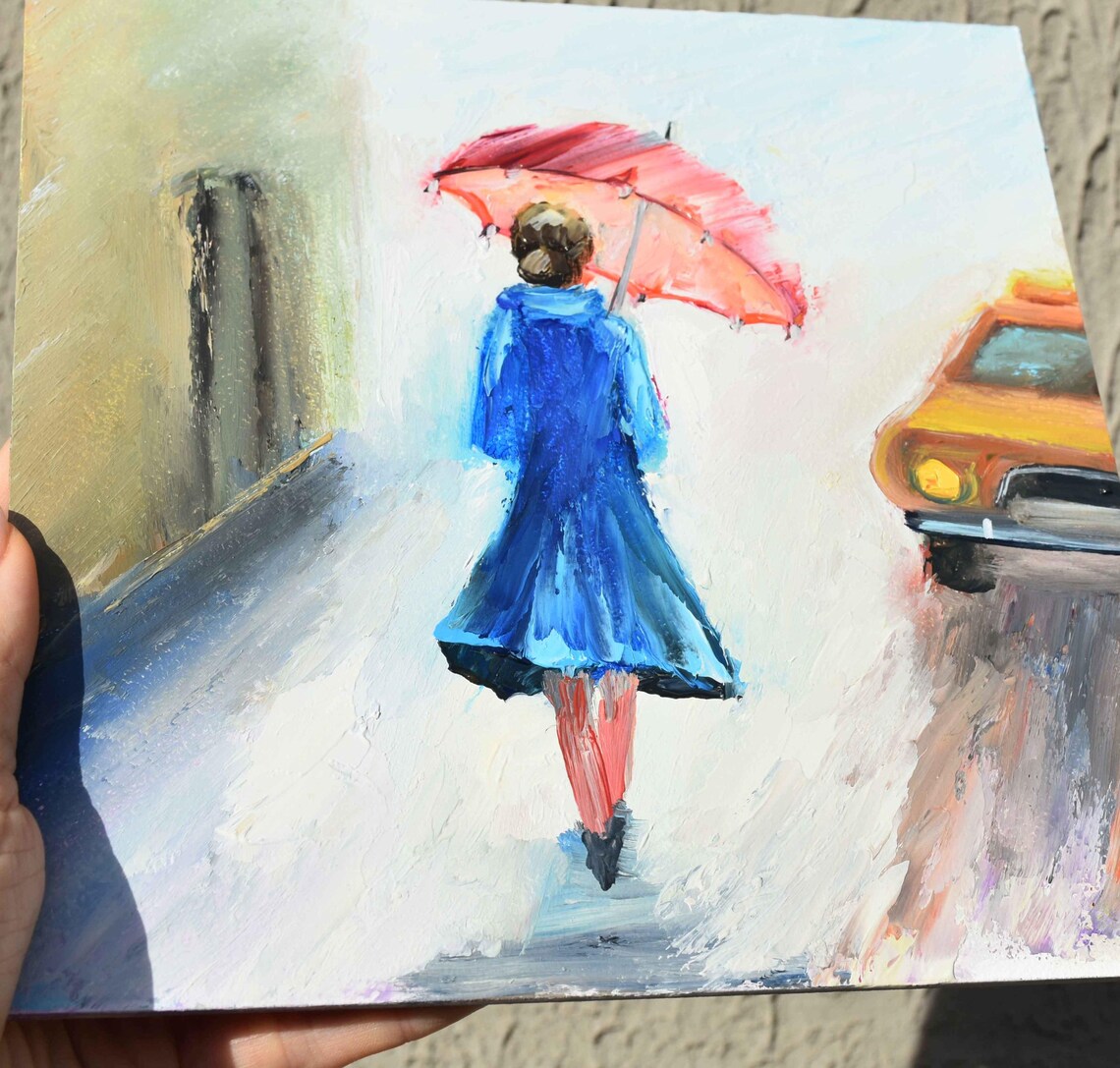 Red Umbrella Rainy City Street Yellow Taxi Oil Painting Urban Poster - Image 3