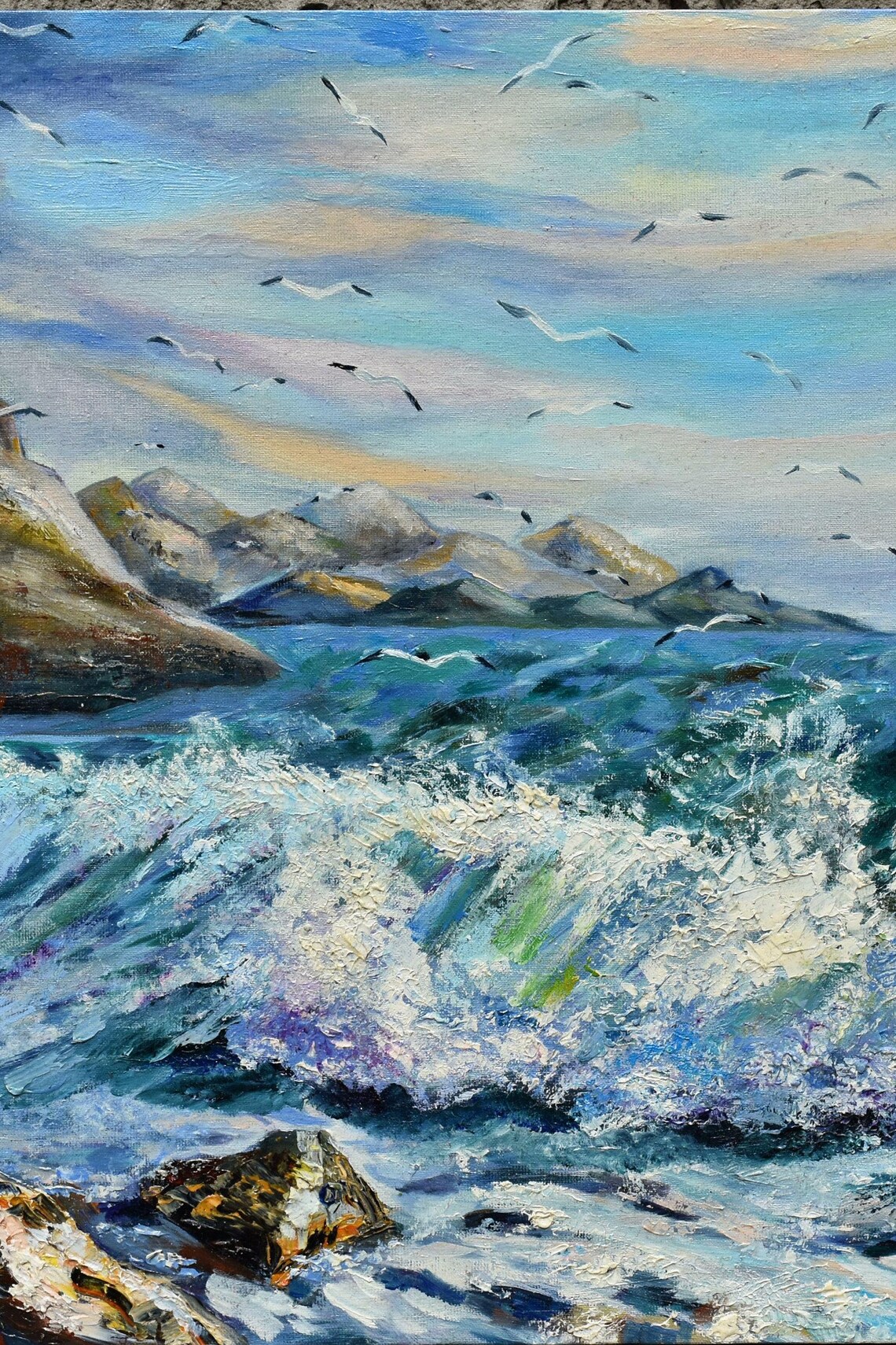 Ocean Waves With Seagulls Rocky Coast Seascape Oil Art Poster - Image 4