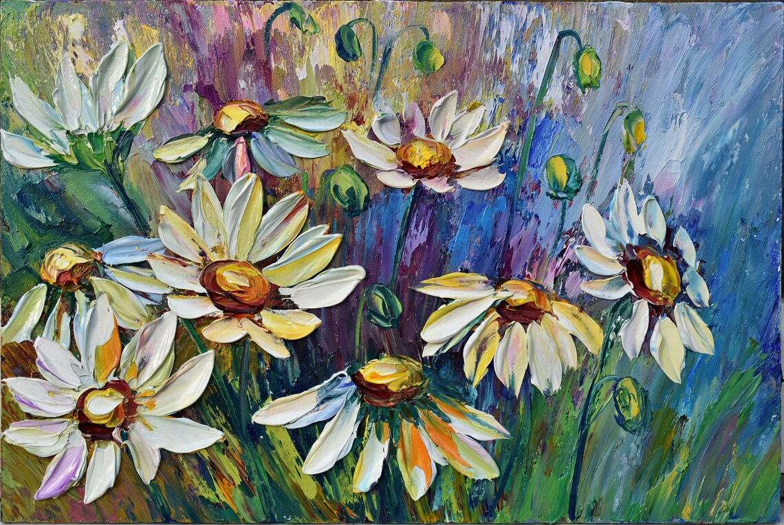 White Daisies Painting Art In The Chamomile Meadow 3d Oil Painting Daisy Painting Chamomile Flowers Wild Flower Art Floral Original Impasto