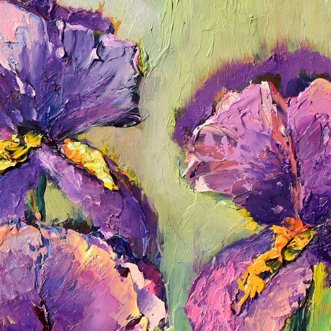 Purple Iris Blooms Green Garden Impasto Oil Painting Floral Poster - Image 5