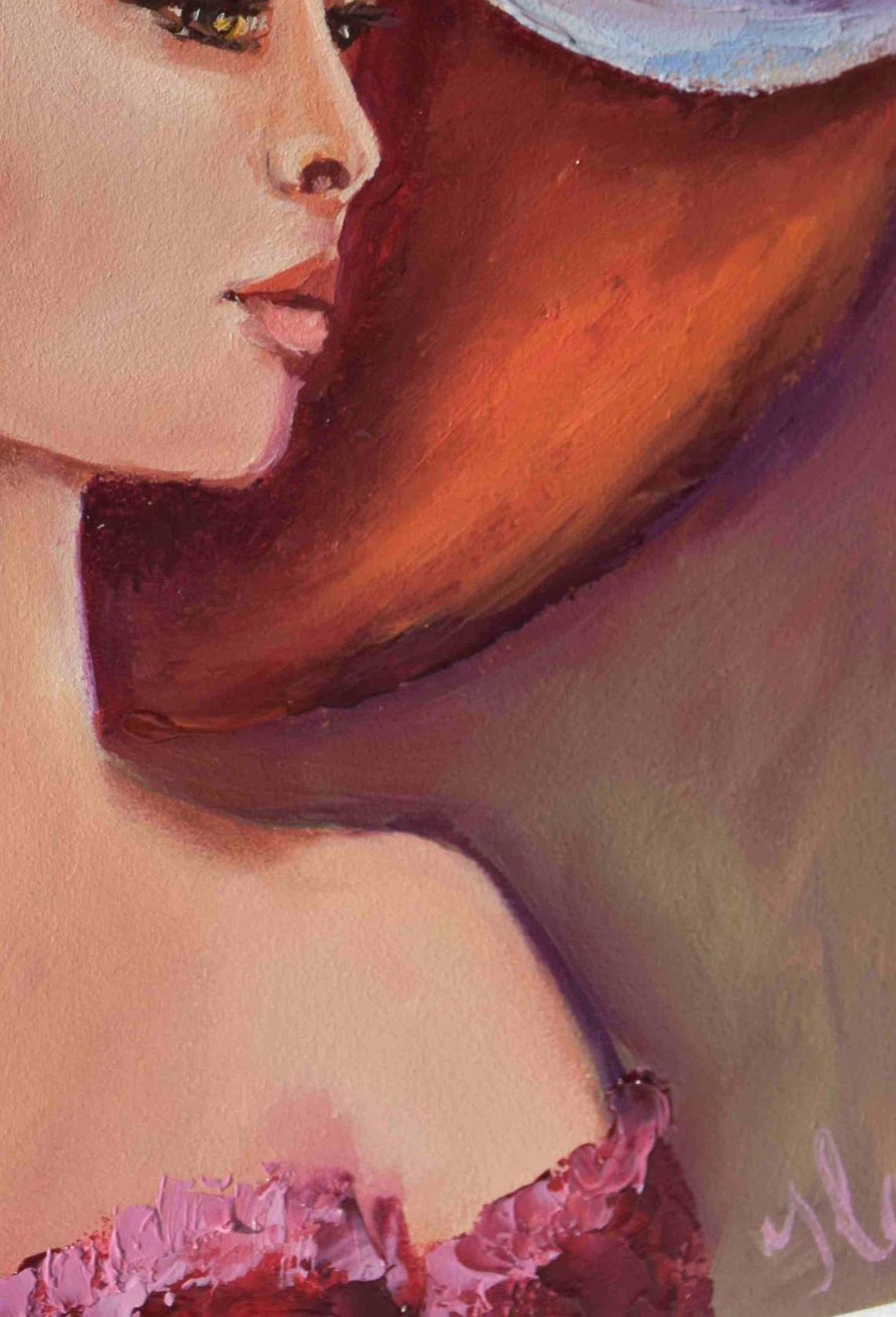 Girl Portrait Art Lady In Red Art Woman Oil Painting Lady Face Portrait Lady Painting Woman Wall Art Lady In A Red Hat Girl Painting Oil - Image 2