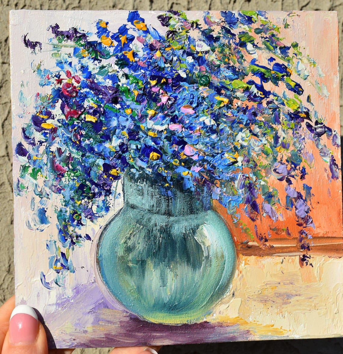 Painting Blue Flower Art Original Painting Wildflowers Painting Small Oil Painting Floral Still Life Painting For Kitchen Flower Small Art - Image 5