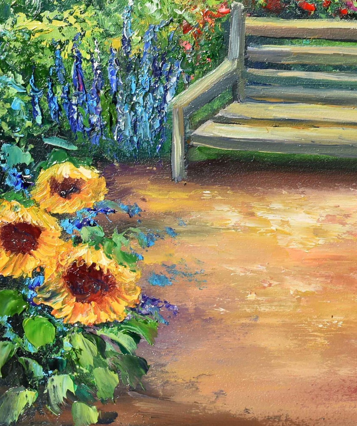 Sunflower Ladybug Garden Fence Meadow Detail Impasto Painting Poster - Image 3