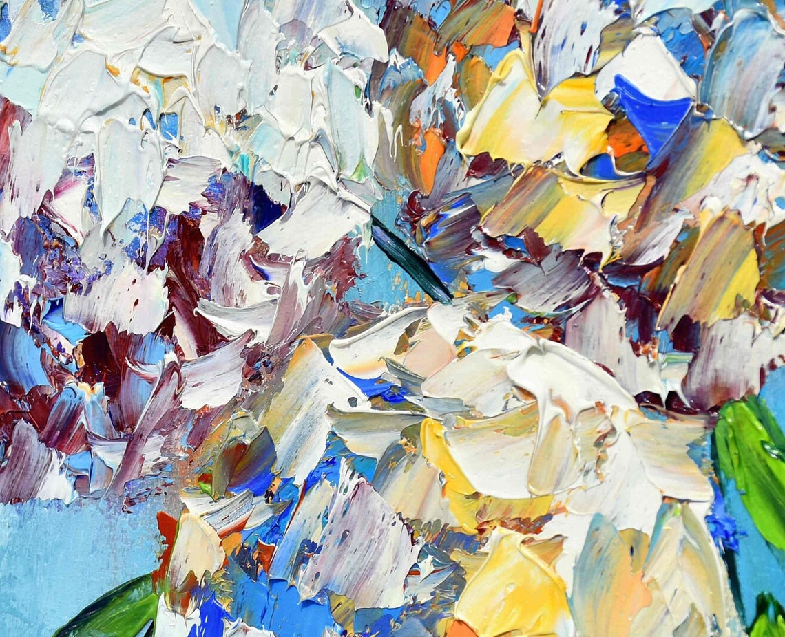 White Hydrangea Blossoms Glass Vase Soft Blue Impasto Painting Poster - Image 4