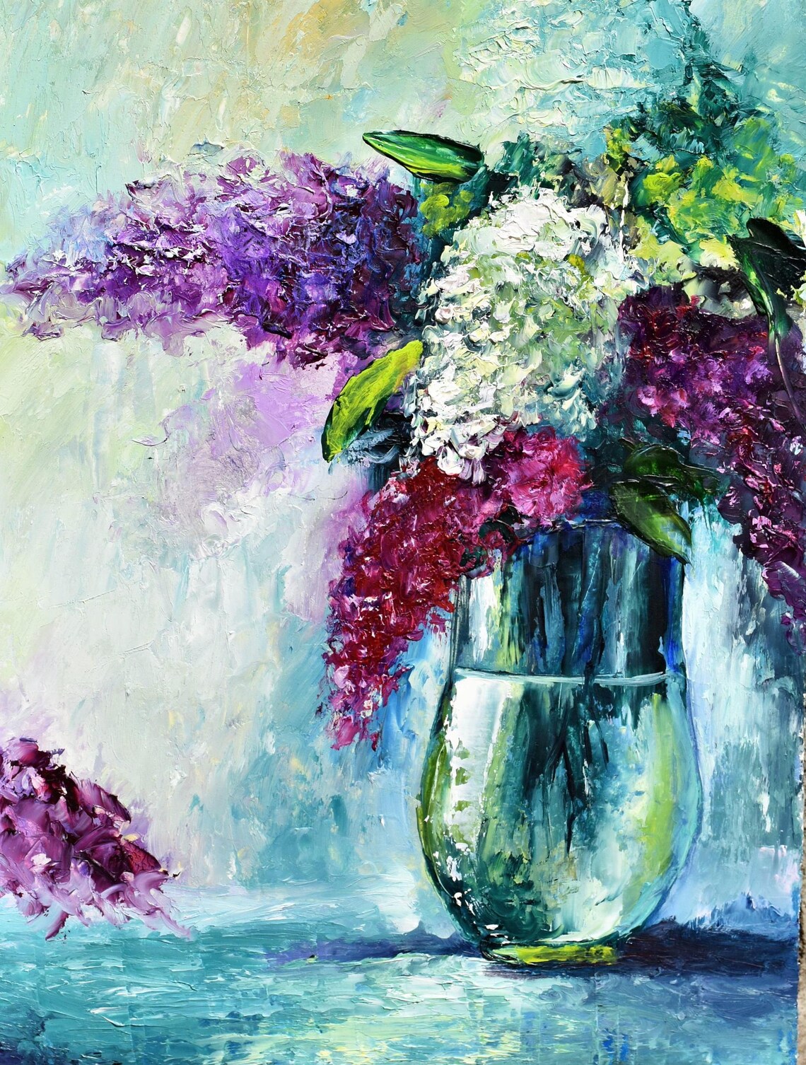 Lilac Blossoms In Glass Vase Purple Floral Oil Painting Wall Poster