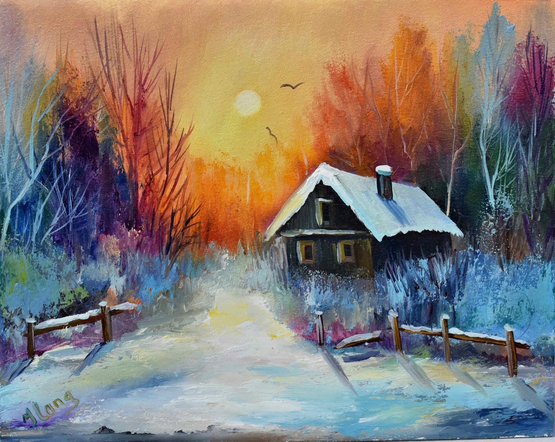 Winter Sunset Snowy Forest Cozy Cabin Golden Sky Oil Painting Poster