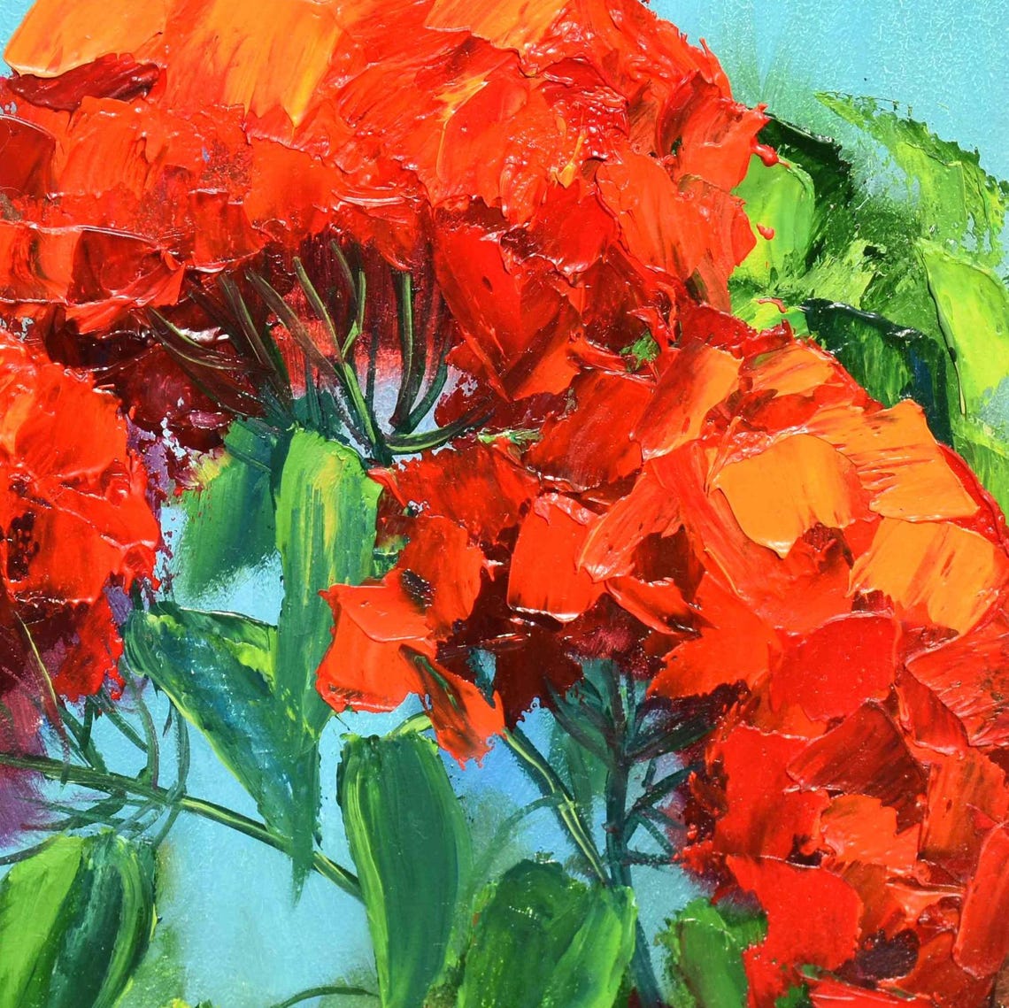 Red Geranium Blooms Terracotta Pot Turquoise Sky Impasto Oil Wall Art - Image 3