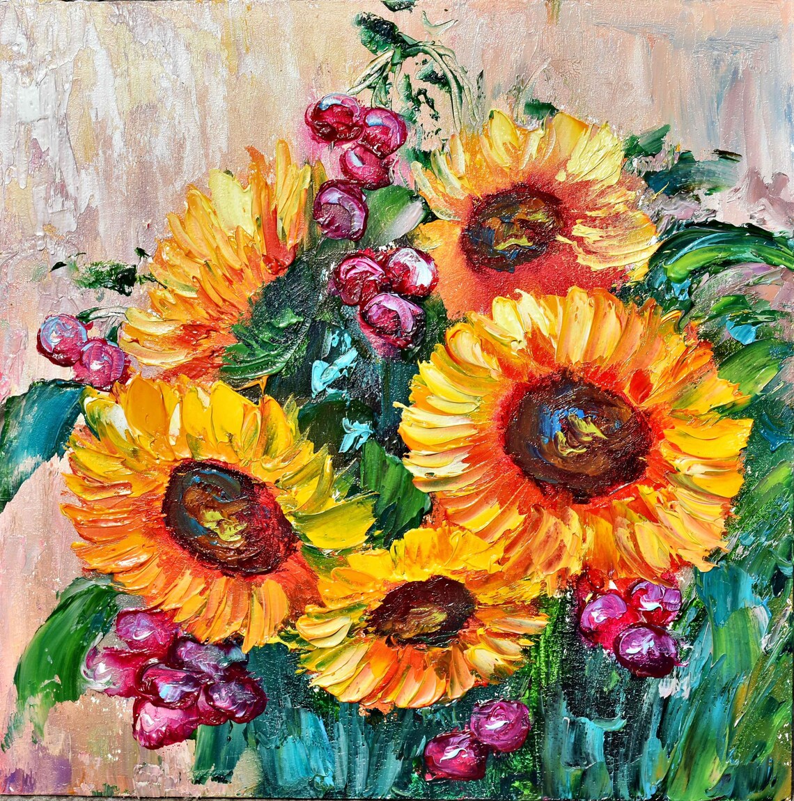 Sunflower Meadow Pink Berry Blossom Impasto Floral Oil Painting Poster