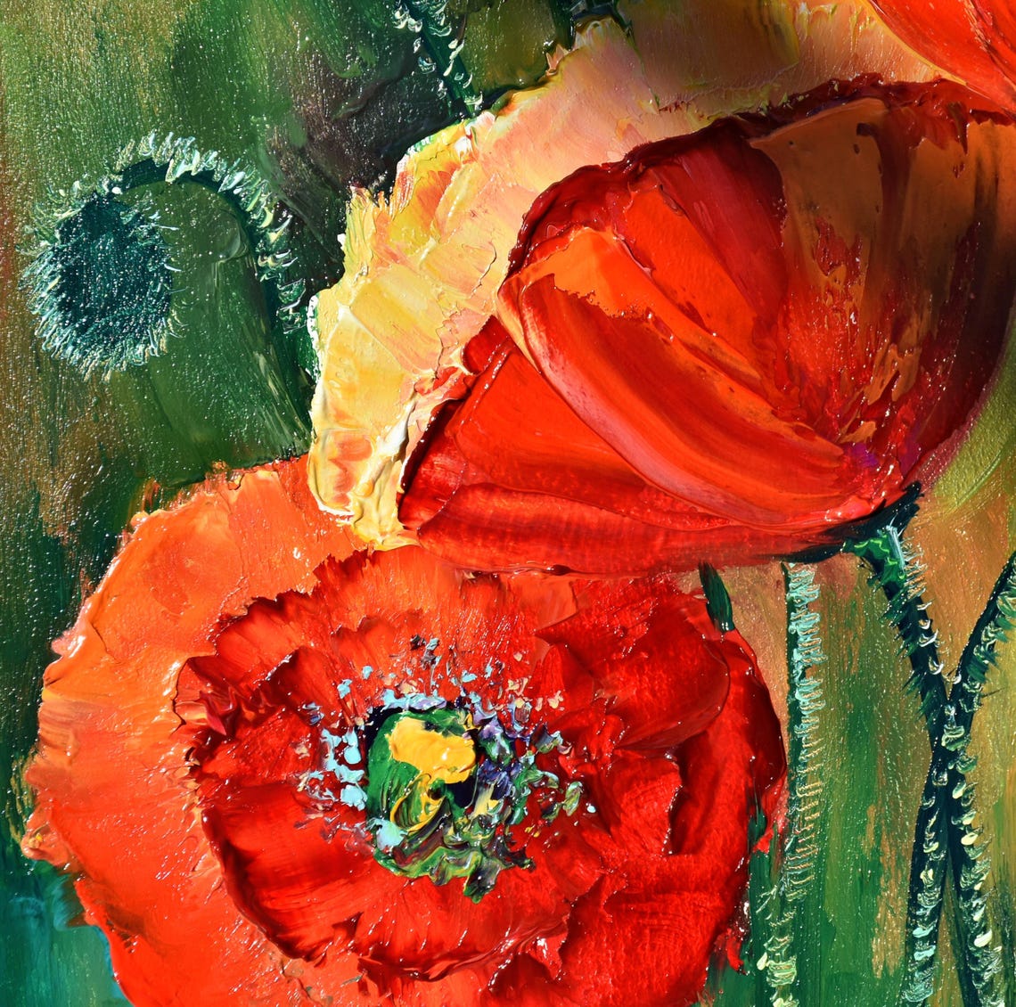 Red Orange Poppies Green Field Impasto Brush Flower Oil Wall Art - Image 4