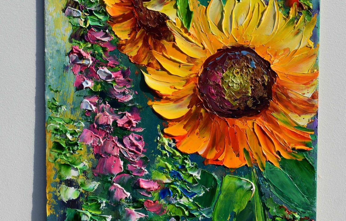 Sunflower Painting Landscape Painting Sunflower Art Purple Wildflowers Art Meadow Flowers Art Yellow Flower Art Palette Knife Art Flower Oil - Image 4