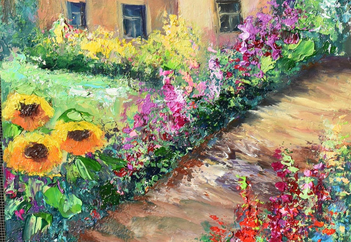 Country Summer House Meadow Painting Summer Landscape Art Sunflowers Art Floral Oil Painting Garden Flowers Art Summer Flower Art Sunflowers - Image 5