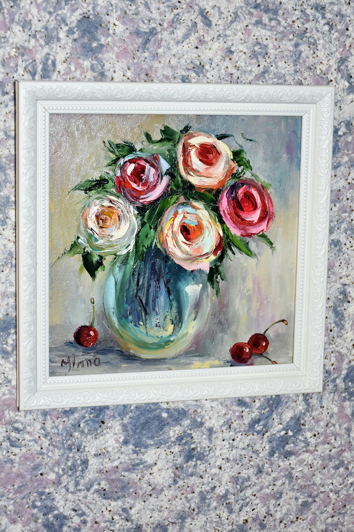 Pink Roses Painting Framed Art Flowers Still Life Cherries And Roses Art Pink Flowers Art Flower Oil Painting Bright Rose Art Oil Art Pink