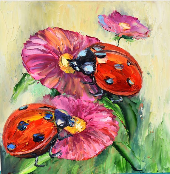 Ladybugs Painting Small Wall Art 8 X 8 Ladybug Art Couple In Love Art Pink Flowers Art Summer Meadow Art Landscape Painting Meadow Flowers