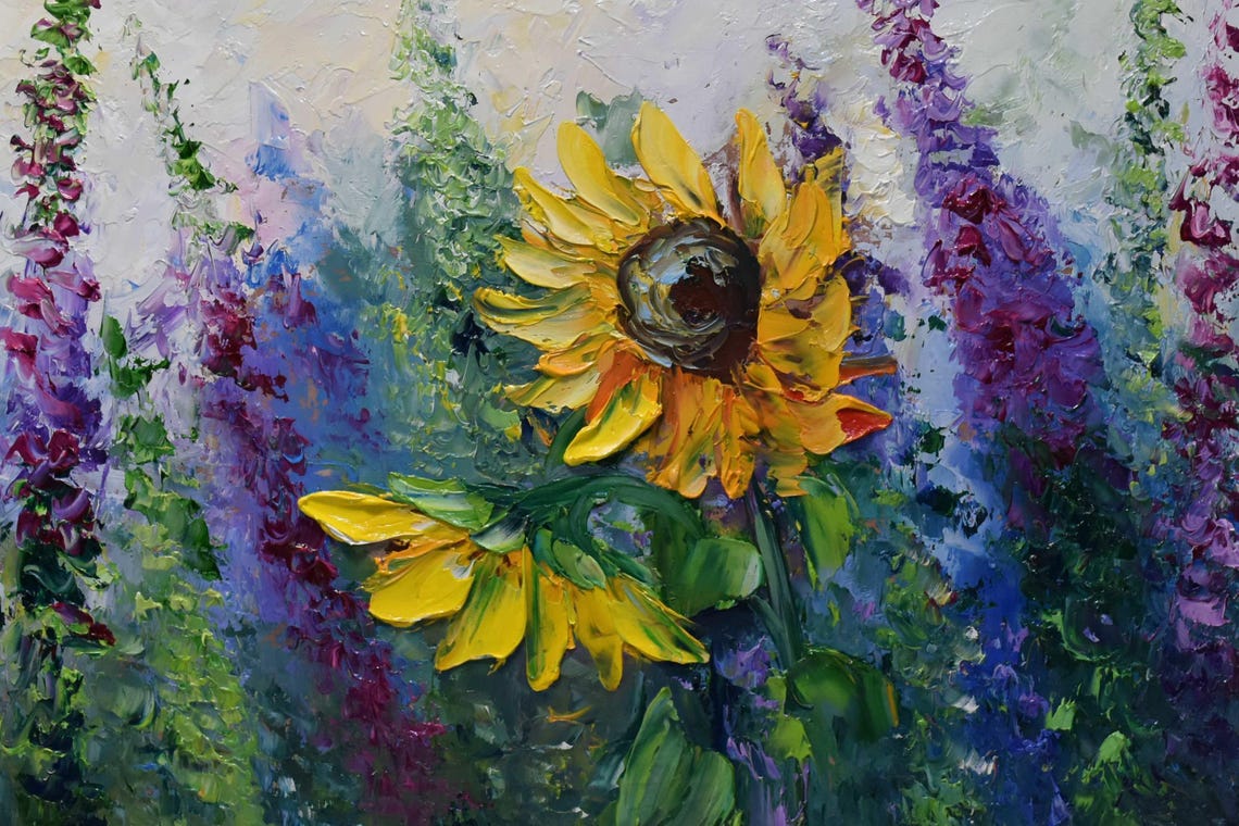 Sunflower Painting Sunflower Art Sunflower Room Decor Summer Landscape Art Yellow Flower Art Original Art Flower Oil Painting Textured Wall - Image 3