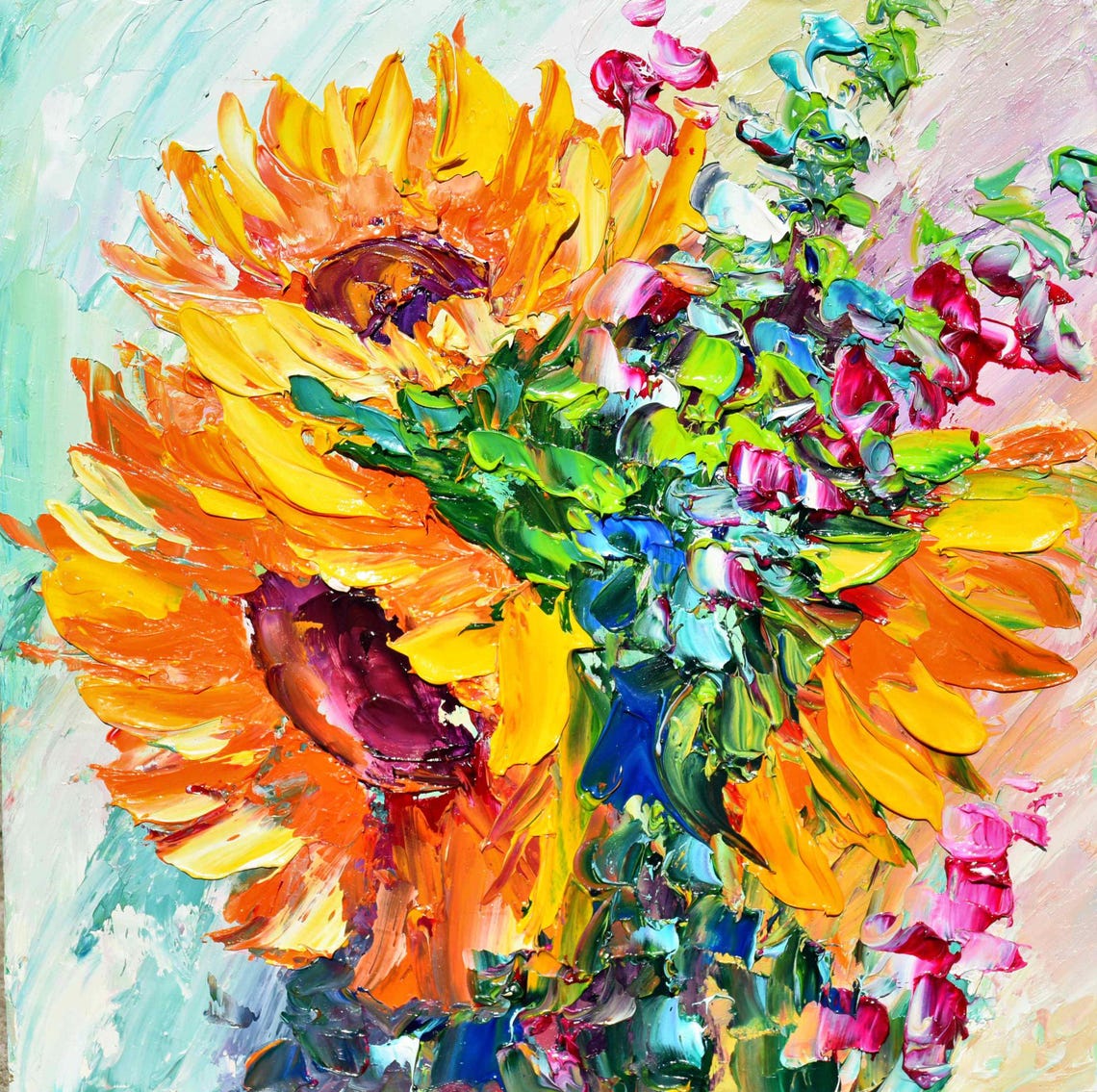 Landscape With Sunflowers Small Wall Art Sunflower Painting Summer Painting Sunflowers Wall Art Wildflowers Painting Painting Original Oil