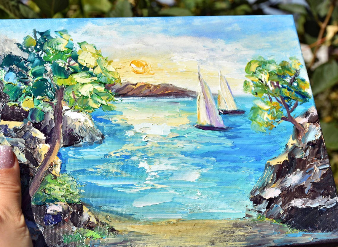 Sailboats Turquoise Bay Sunset Rocky Coast Impasto Seascape Poster