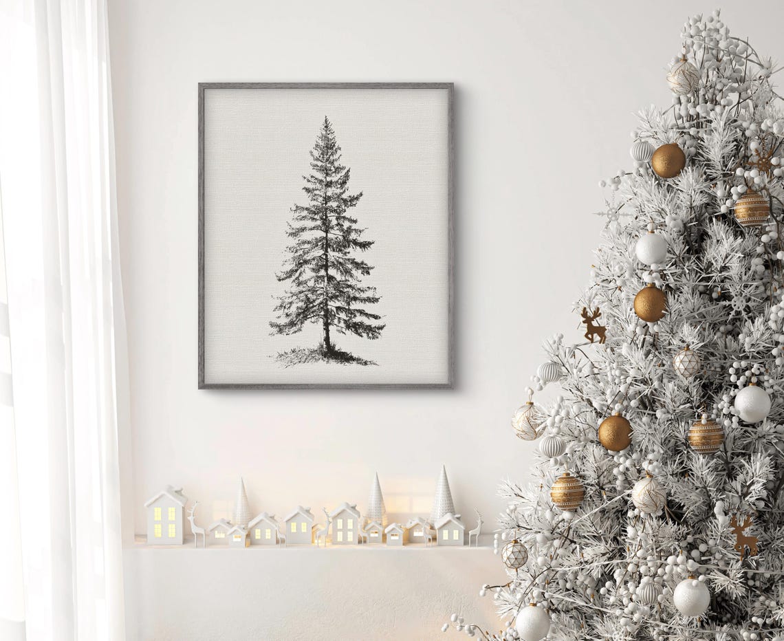 Lone Pine Tree Minimalist Black Ink Botanical Sketch Art Print