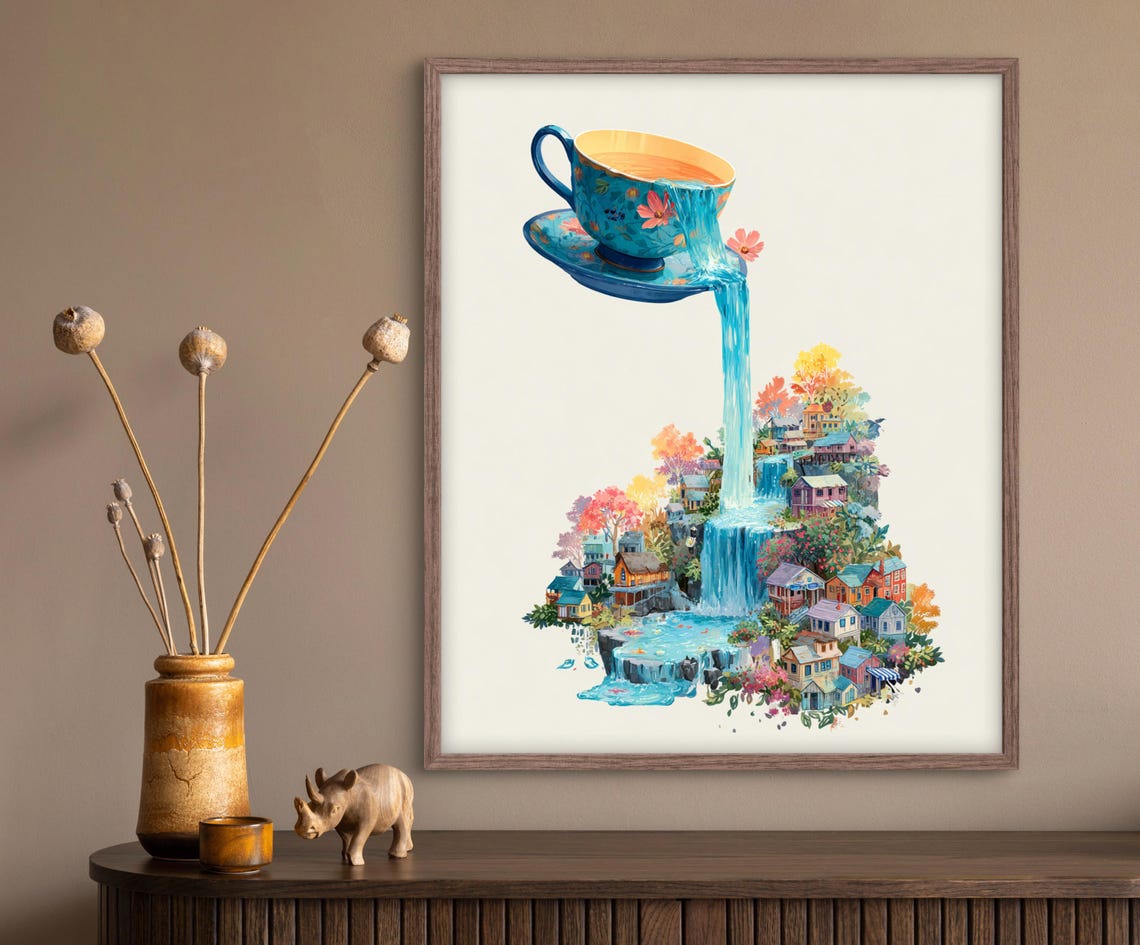 Surreal Floating Teacup Pouring Waterfall Over a Tiny Village Poster