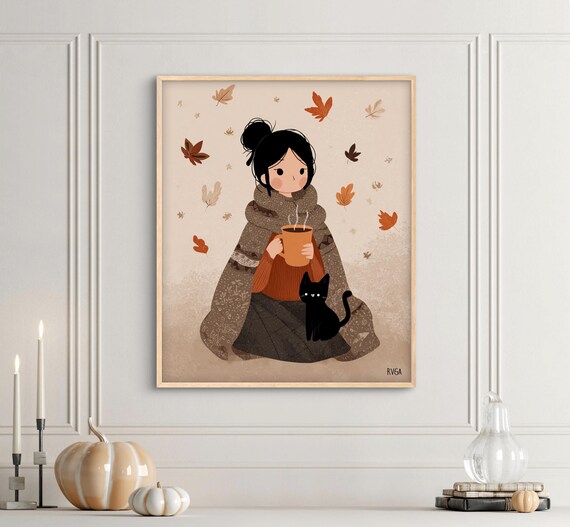 Cozy Autumn Girl with Black Cat and Cocoa Warm Fall Art Print
