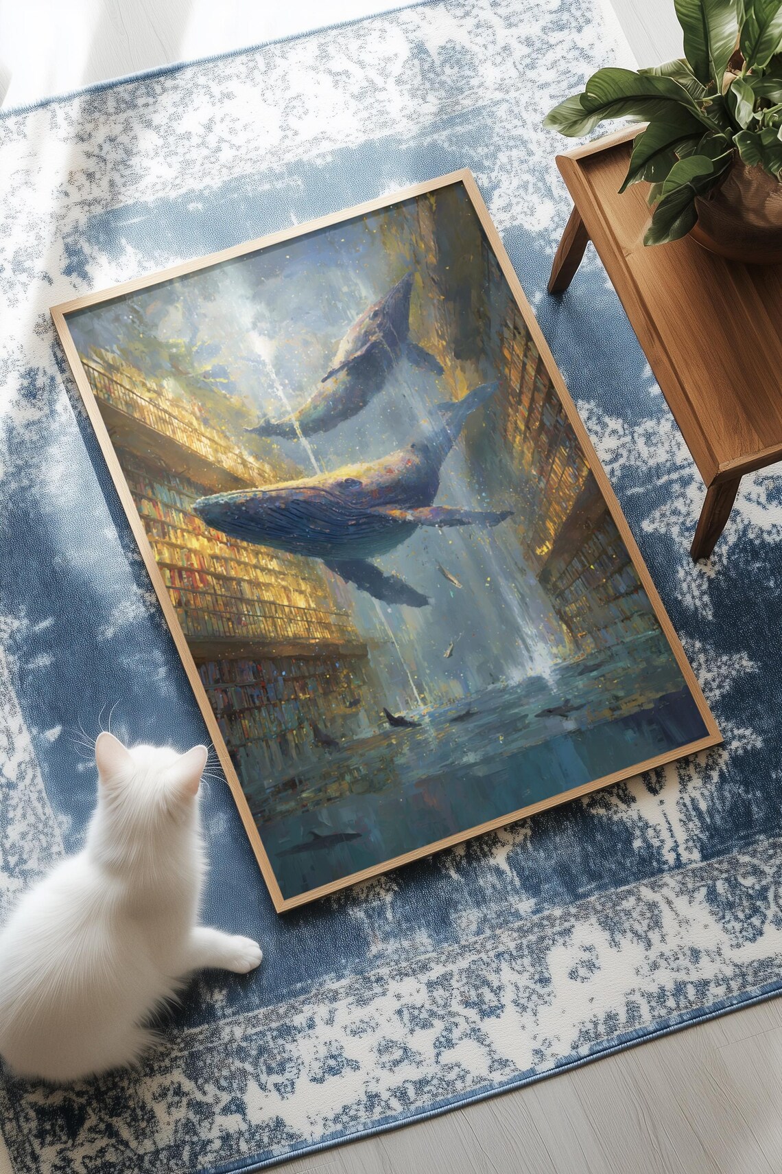 Majestic Whales Swimming Through A Flooded Grand Library Poster