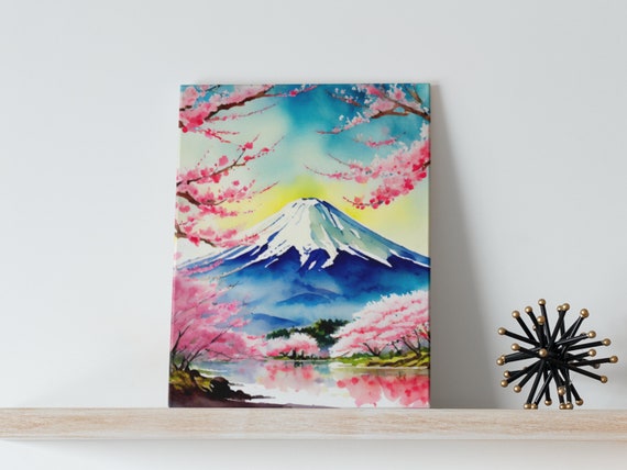 Mount Fuji Watercolor Art Canvas Japan Travel Prints Poster Asia Cherry Blossoms Nature Wall