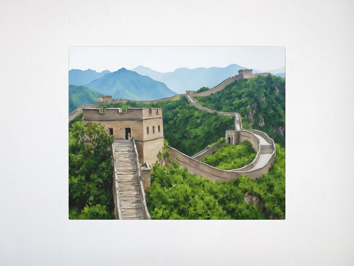 Great Wall Of China Watercolor With Lush Green Mountains Poster