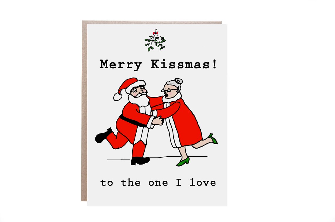 Merry Kissmas Santa and Mrs Claus Kissing Christmas Love Card Print