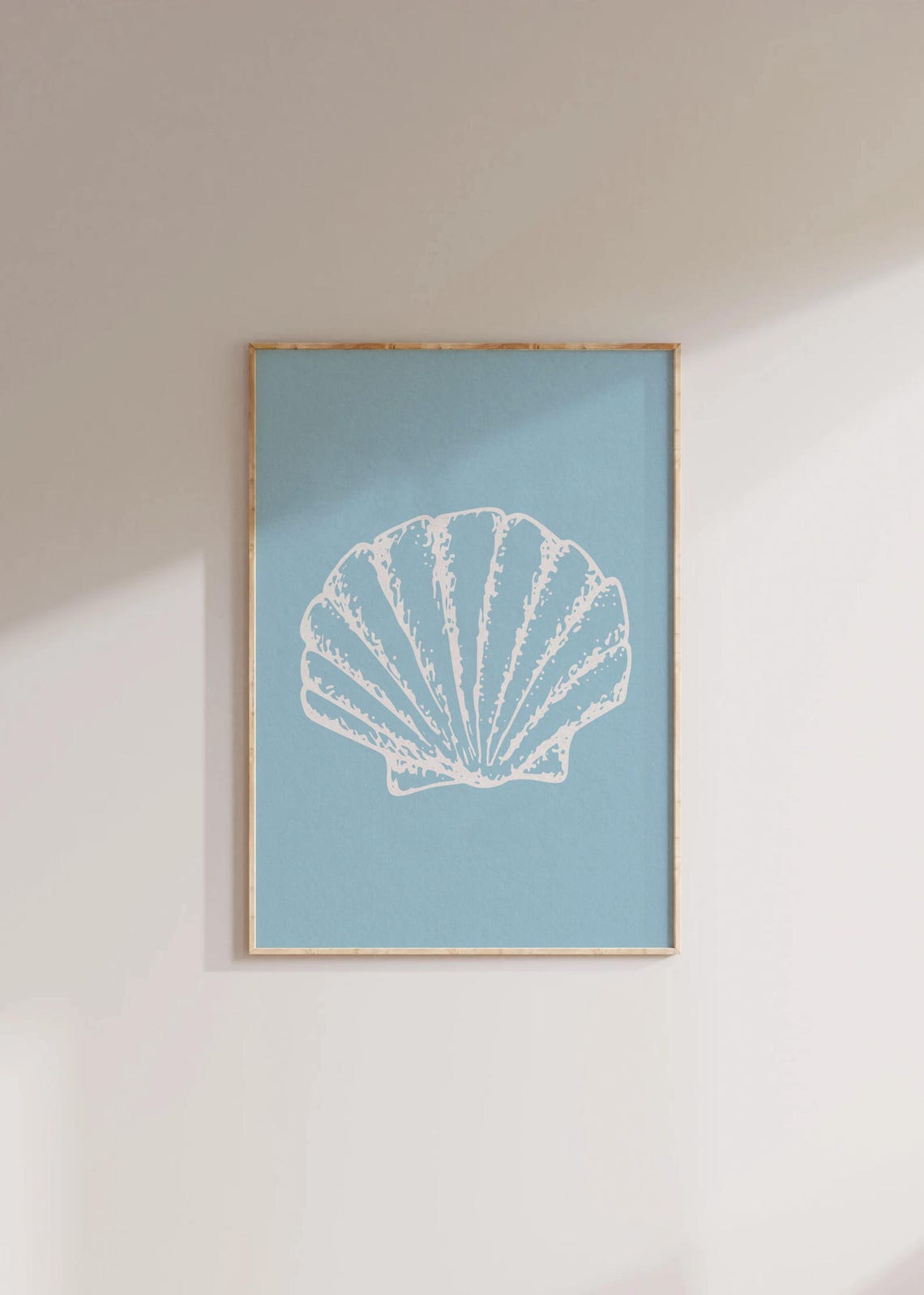 White Scallop Shell On Soft Sky Blue Coastal Beach Decor Poster