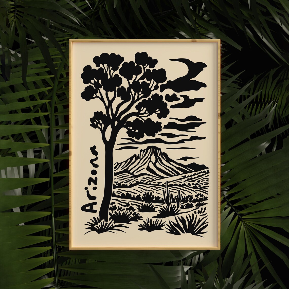Arizona Black Ink Tree Mountain Desert Silhouette Graphic Poster