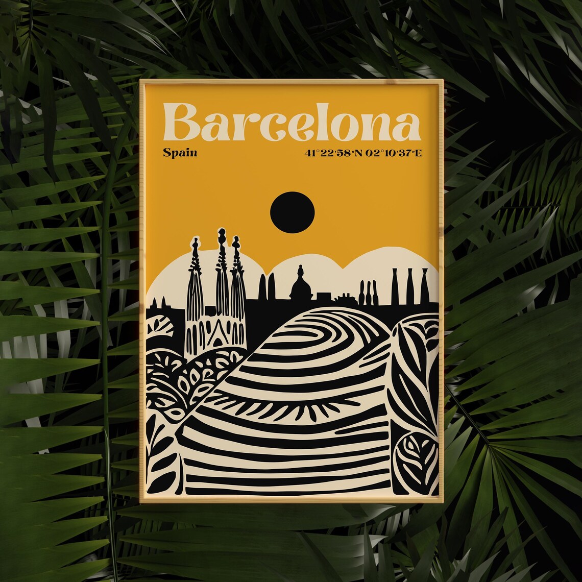 Barcelona Mustard Yellow Sagrada Familia Sun Travel Skyline Poster