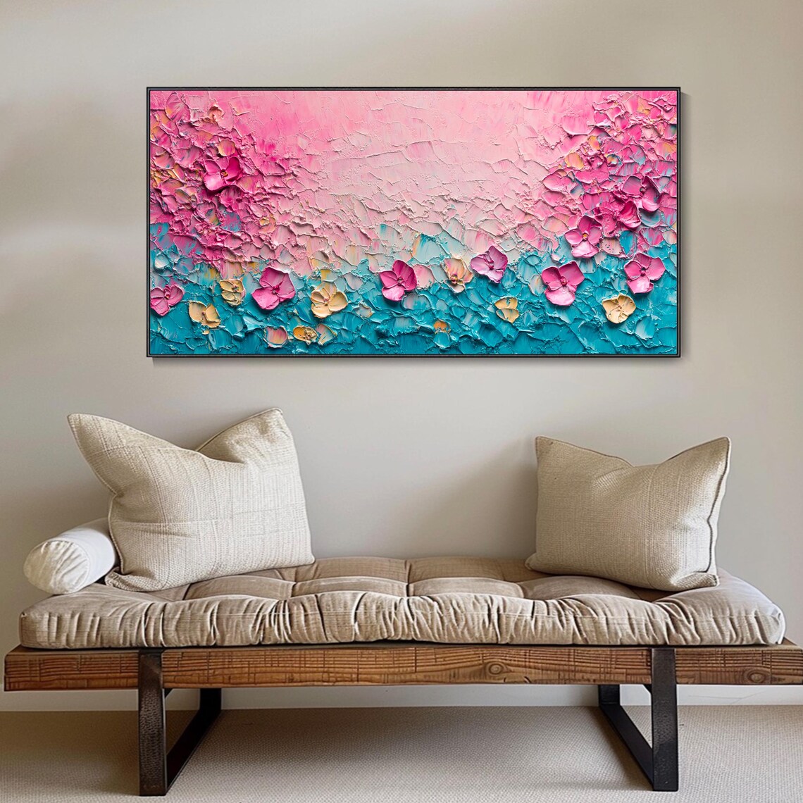 Pink Floral Abstract On Teal Heavy Impasto Flower Painting Poster - Image 4
