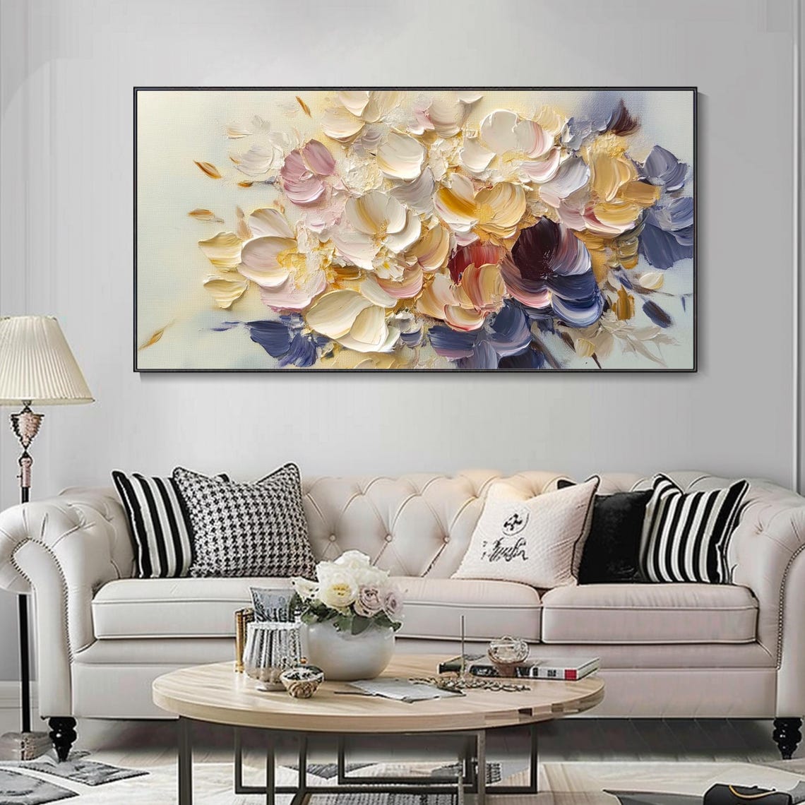 Cream Gold And Blue Abstract Floral Heavy Impasto Painting Poster - Image 3