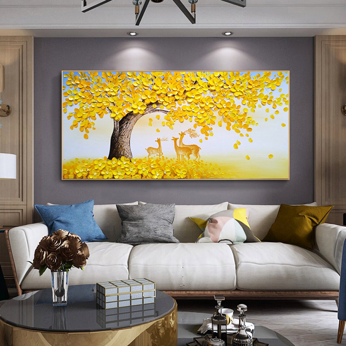 Abstract Yellow Tree and Sika Deer Spring Art Print - Image 3