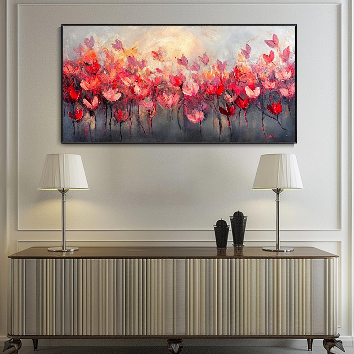 Crimson Red Flowers On Dark Grey Abstract Floral Painting Poster - Image 2