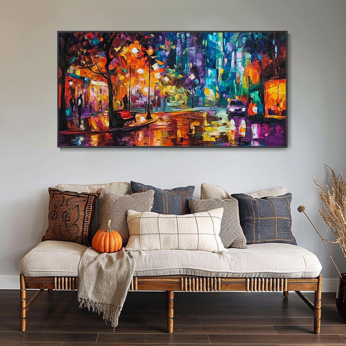 Rainy Night City Street Neon Reflections Urban Painting Poster - Image 3