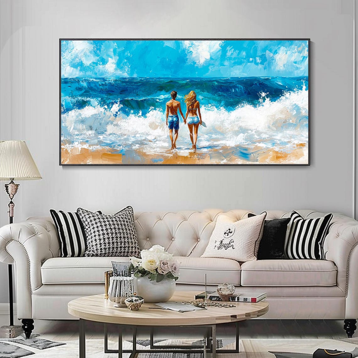Romantic Couple Holding Hands Walking Into Ocean Waves Beach Poster - Image 4