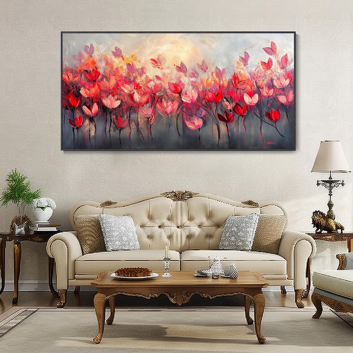Crimson Red Flowers On Dark Grey Abstract Floral Painting Poster - Image 4