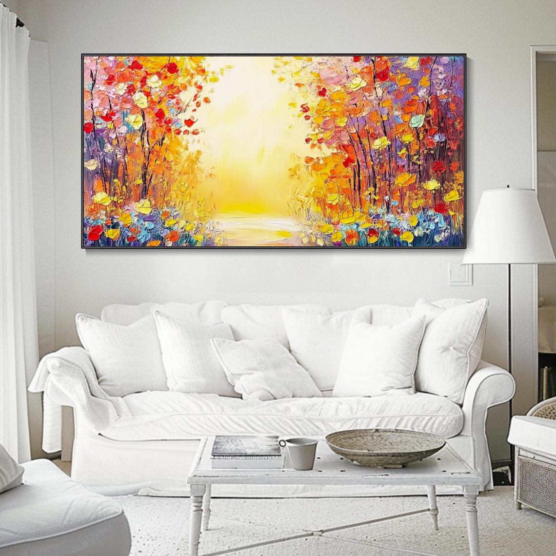 Colorful Forest Path Toward Glowing Golden Light Painting Poster - Image 2