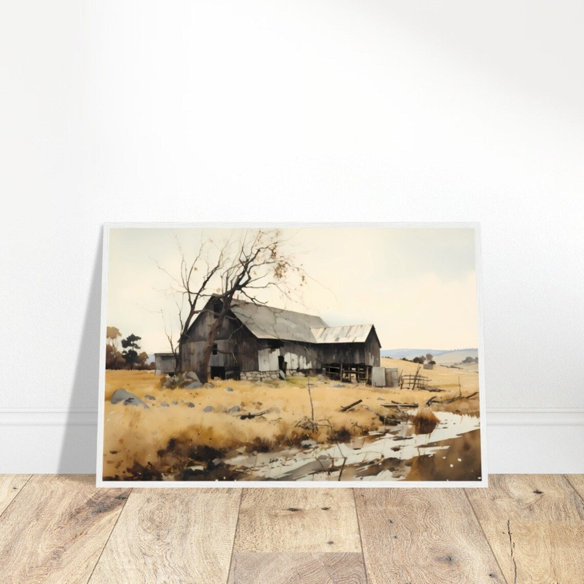 Weathered Barn Watercolor Painting in Golden Autumn Field Poster - Image 2