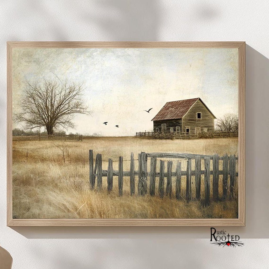 Rustic Barn With Split Rail Fence On A Golden Prairie Poster