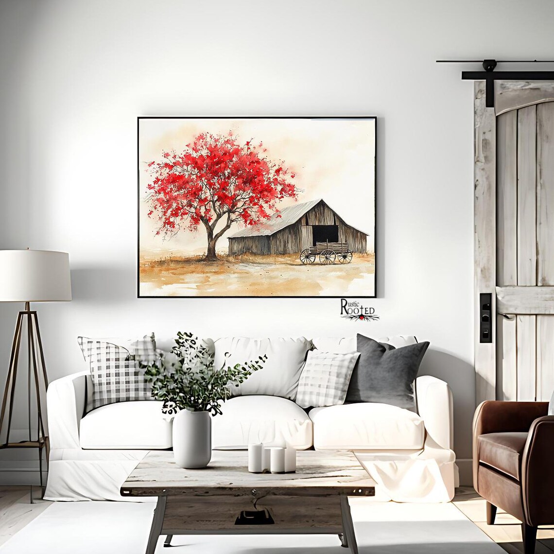 Red Flowering Tree by Old Barn Watercolor Country Scene Poster - Image 2