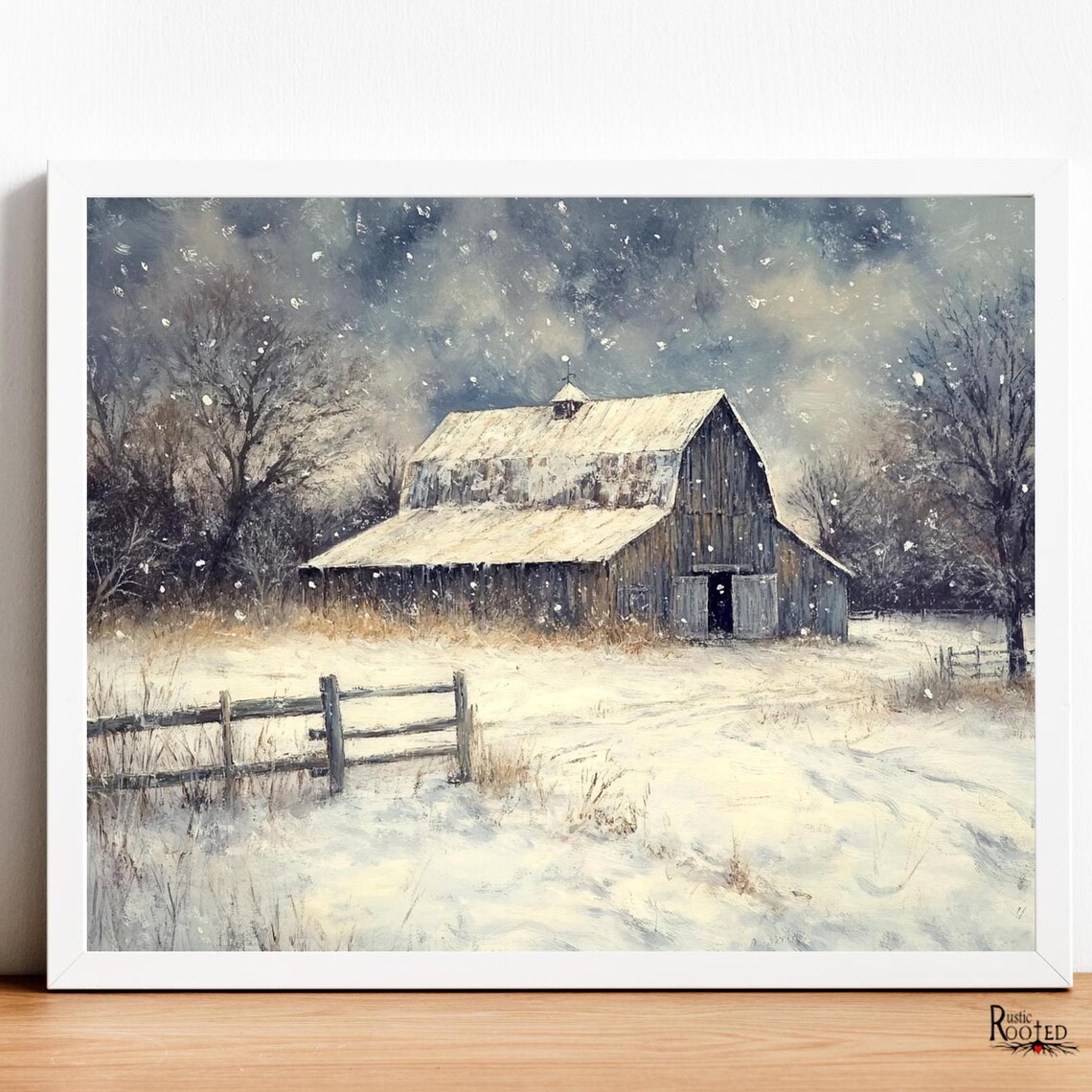 Old Barn in a Snowstorm Painting with Rustic Wooden Fence Poster - Image 4