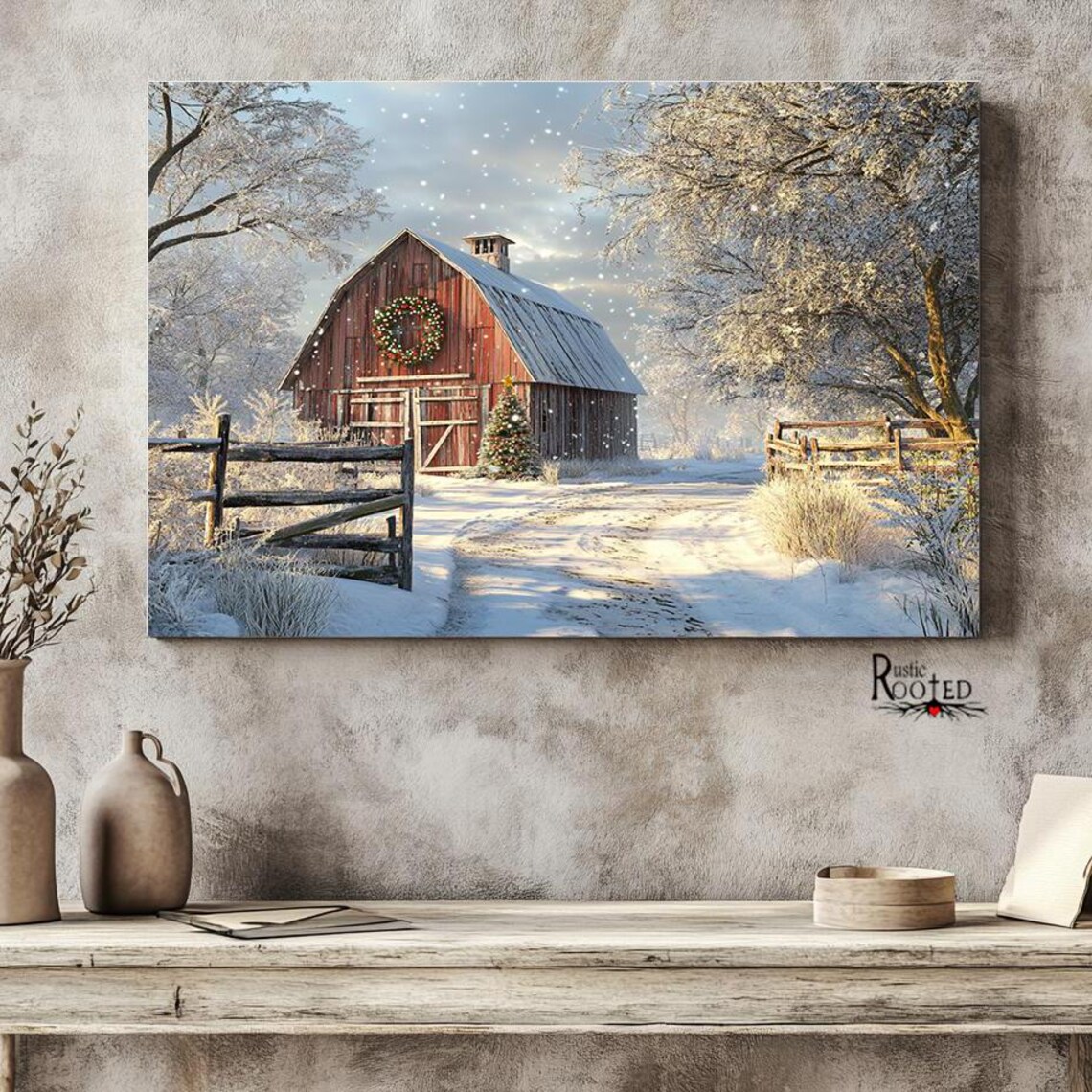 Red Barn in Snow with Christmas Wreath and Frosty Trees Poster