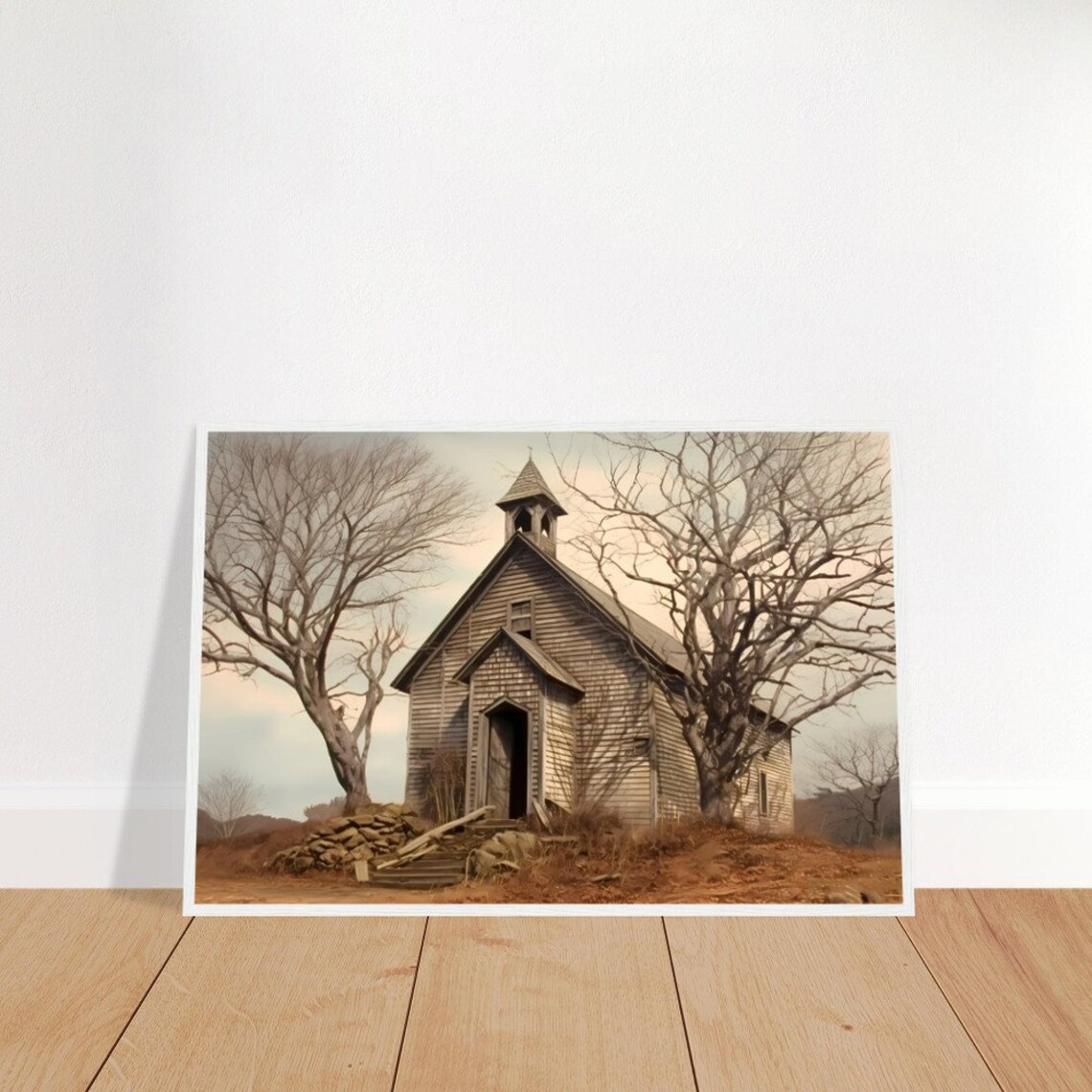 Vintage Whitewashed Church, Rustic Farmhouse Art Print - Image 2
