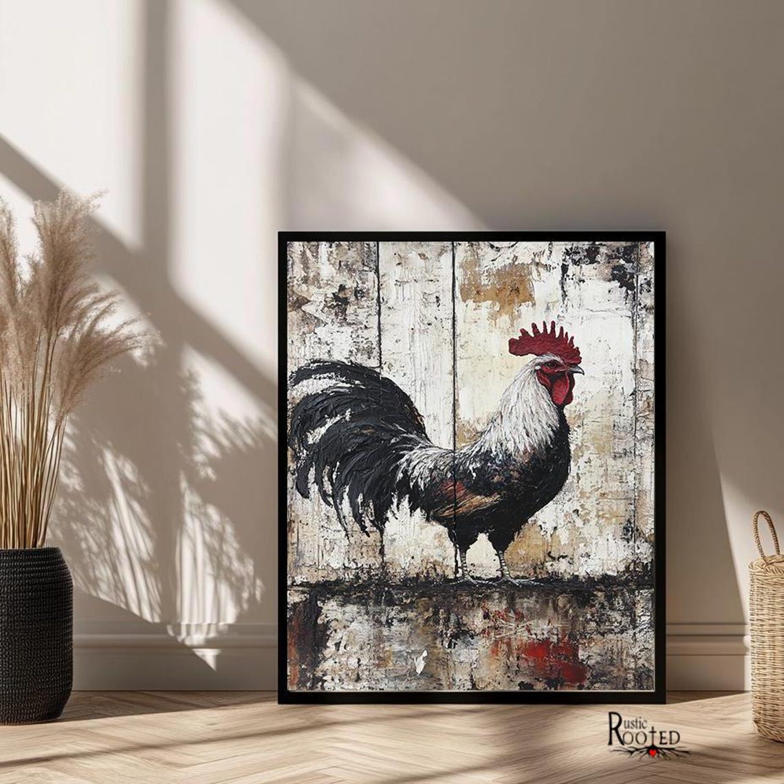 Rustic Rooster Painting on Distressed Wood Country Farm Poster