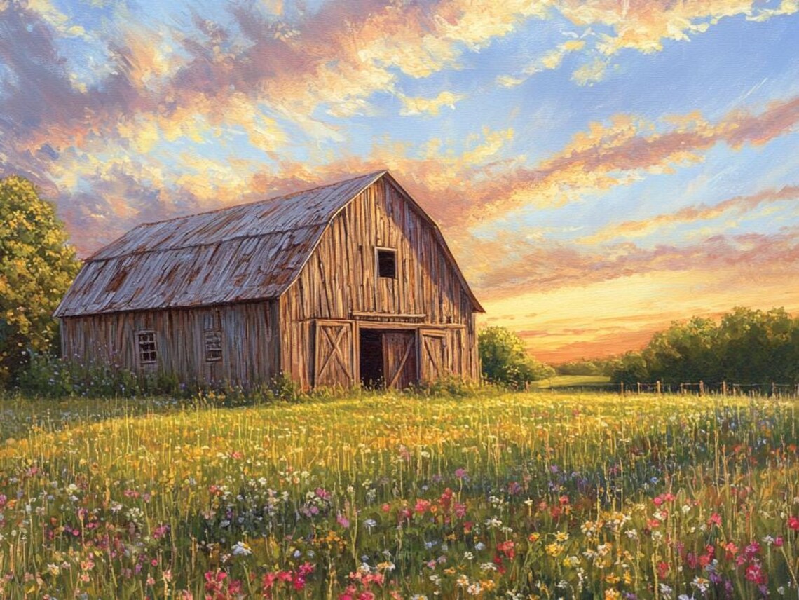 Rustic Country Barn and Wildflowers Art Print - Image 4